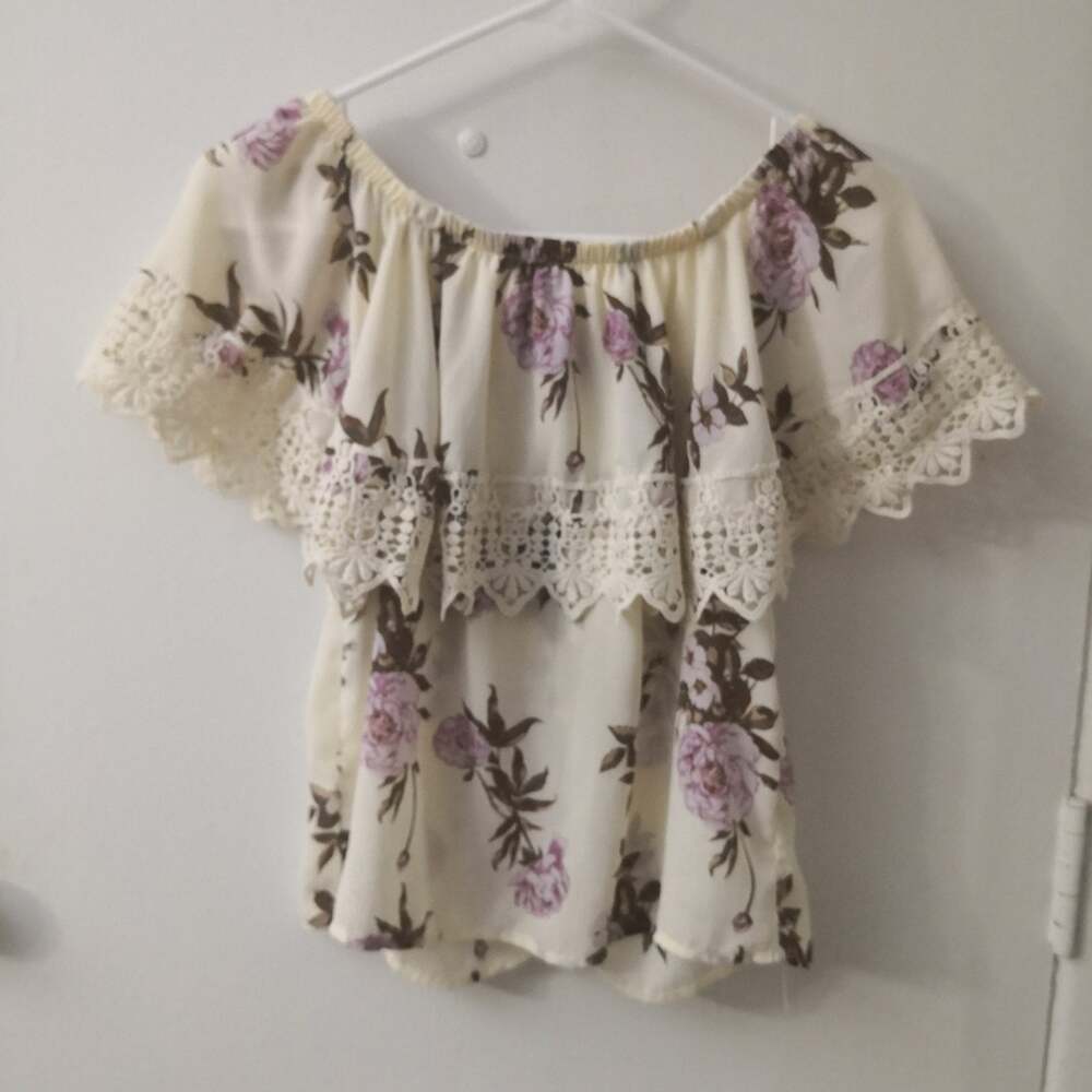 Say What? Off the Shoulder Floral Crochet Top XS Cream/Pink Cottagecore Coquette